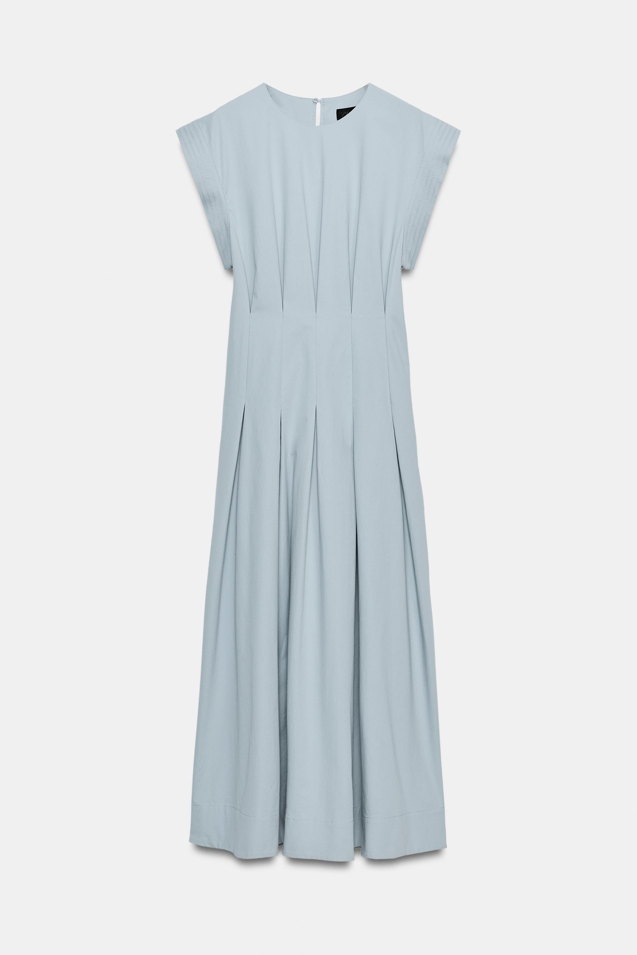 ZW COLLECTION PLEATED POPLIN DRESS - Blue / Gray | ZARA United States ZW COLLECTION PLEATED POPLIN DRESS - Blue / Gray | ZARA United States