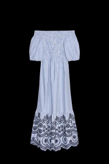 Zara STRIPED EMBROIDERED MIDI DRESS - Blue / Indigo - Image 0
