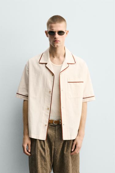 ÁO SƠ MI DÁNG RELAXED FIT VIỀN KHÁC MÀU - Kem từ Zara
