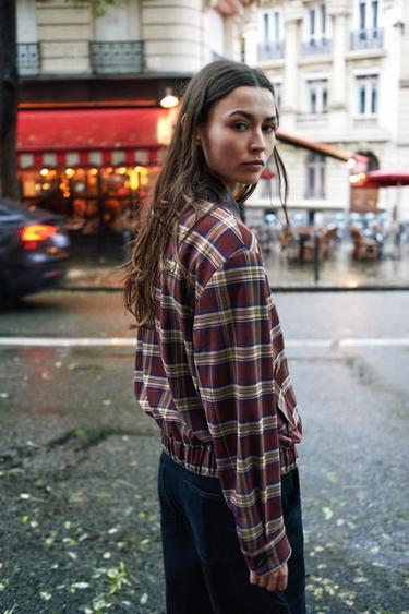 CHECKED BOMBER JACKET WITH leather effect LAPEL - Burgundy by Zara