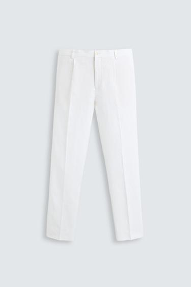 PANTALÓN 100% LINO PLIEGUES - Blanco de Zara