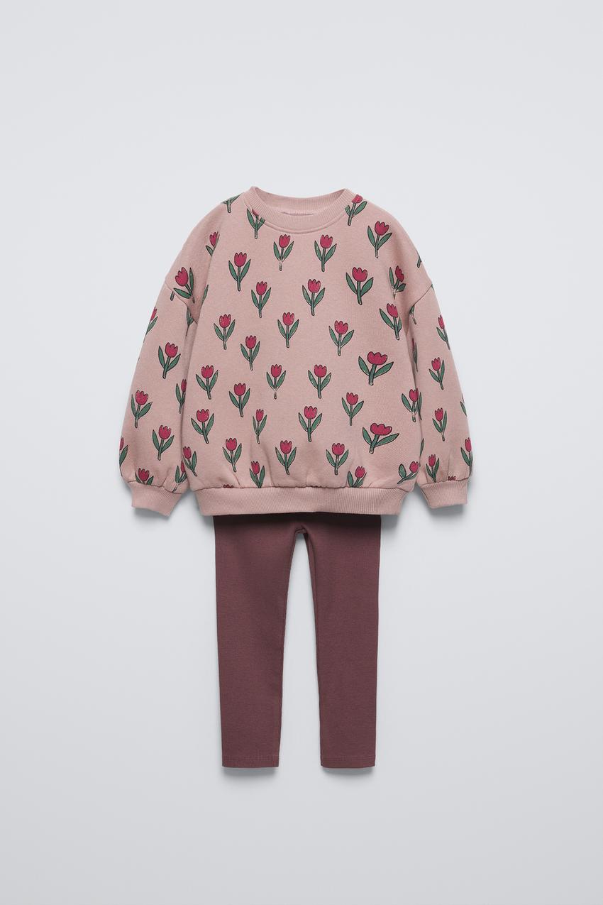 SWEATSHIRT-SET MIT BLUMEN UND RIB-LEGGINGS - Terrakotta | ZARA 
