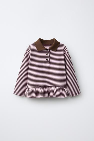 STRIPED PEPLUM POLO SHIRT - Chocolate brown by Zara