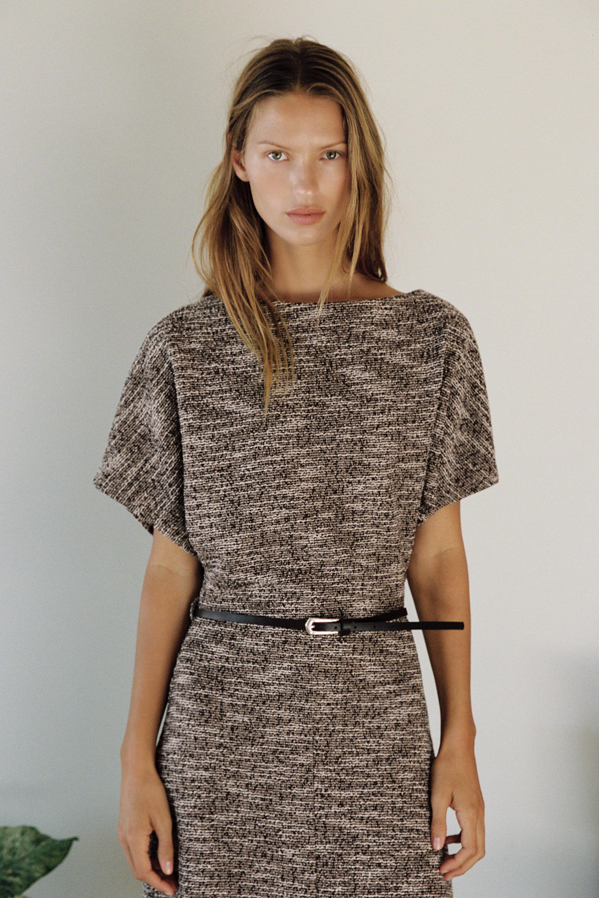 TEXTURED BELTED MIDI DRESS — Brown / Ecru