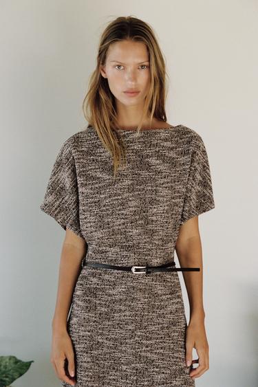 TEXTURED MIDI DRESS WITH BELT - Brown / Ecru by Zara