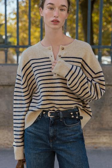 Zara STRIPED KNIT SWEATER - Beige / Navy