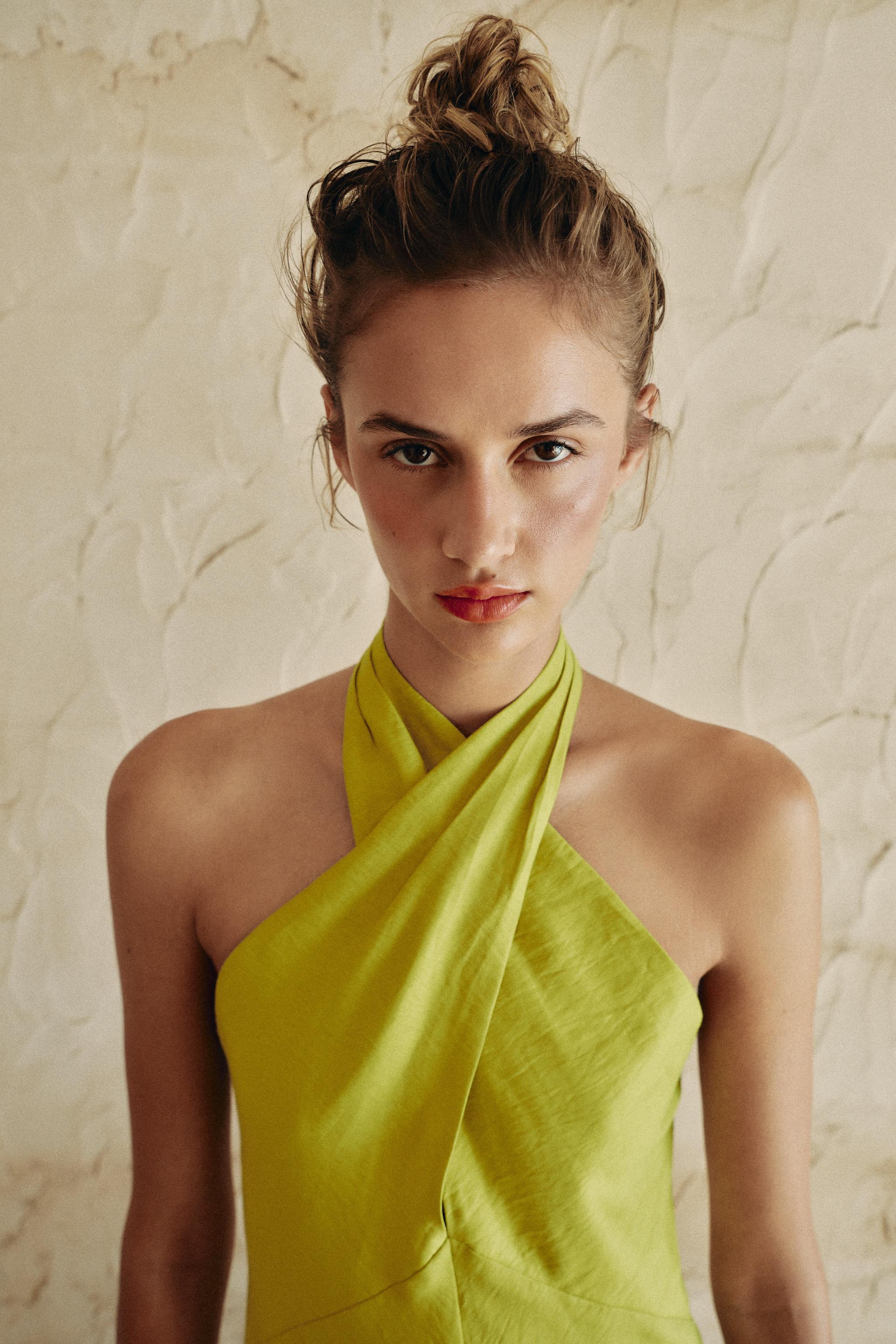 LINEN WRAP HALTER MIDI DRESS
