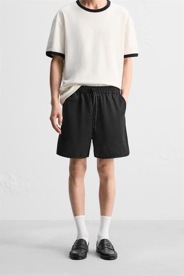 Zara 棉質人造絲百慕達短褲 - 黑色