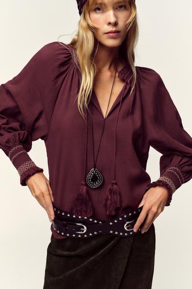 CHEMISE BRODERIES POMPONS - Bordeaux de Zara - Image 1