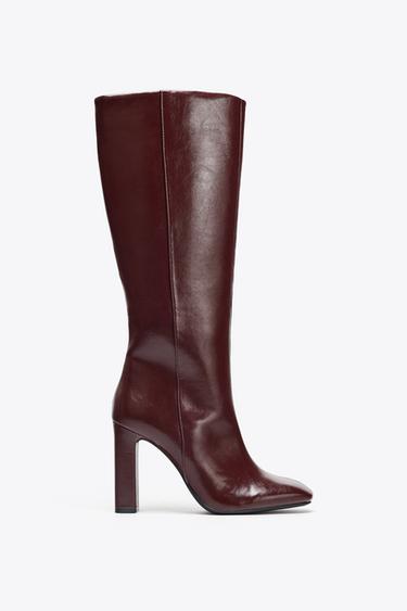 Zara WIDE HEELED BOOTS - Burgundy Red