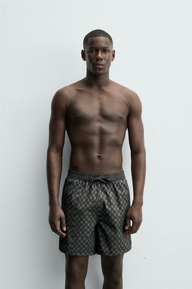 LONG CHECKED SWIMMING TRUNKS - Black by Zara - Image 1