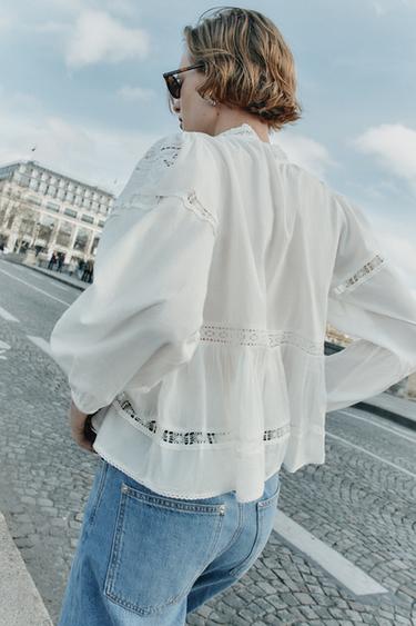 Zara ZW COLLECTION EMBROIDERED BLOUSE - Ecru