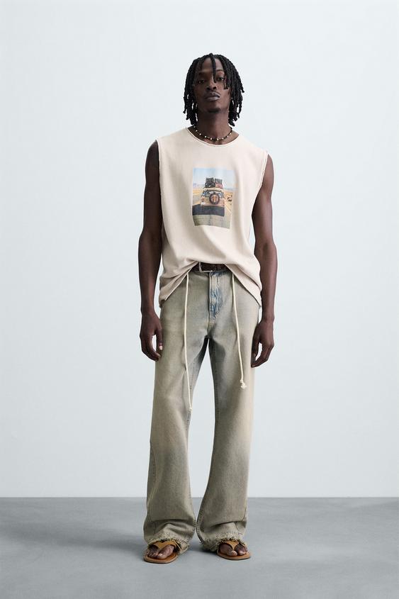 PRINTED KNIT TANK TOP Light sand ZARA United States