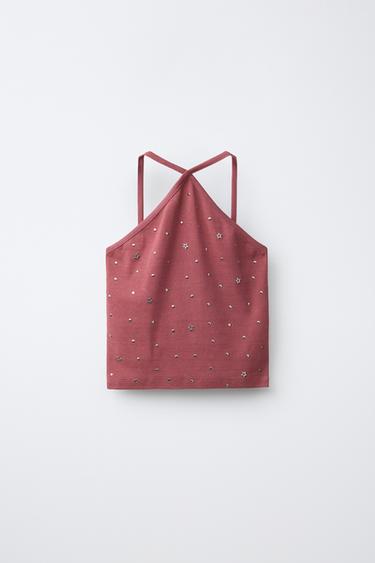 ТОП С ХАЛТЕР ДЕКОЛТЕ И КАПСИ - КЕСТЕНЯВО от Zara