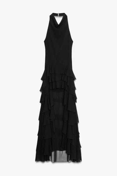 ROBE LONGUE HALTER VOLANTS - Noir de Zara - Image 4
