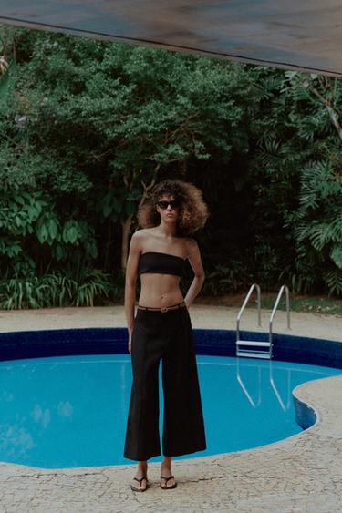 LINEN BLEND CULOTTES WITH PLAITED BELT - Black by Zara