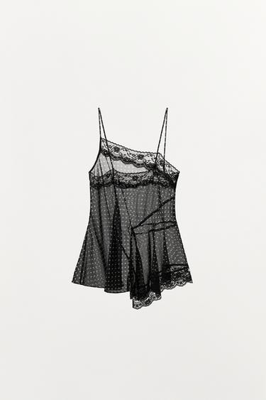 POLKA DOT PRINT TOP WITH LACE TRIM - Black by Zara