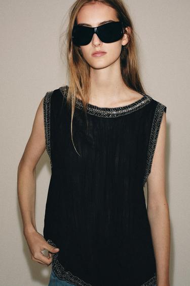 TOP JACQUARD MET KRALEN ZW COLLECTION - Zwart van Zara