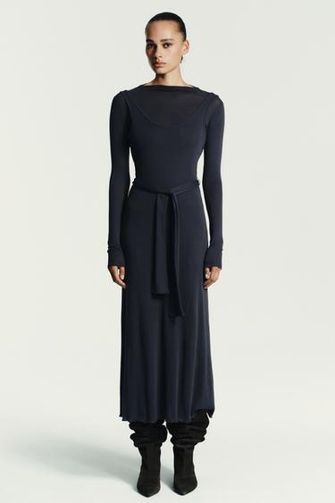 DOUBLE EFFECT DRESS WITH TIE BELT - Charcoal grey by Zara