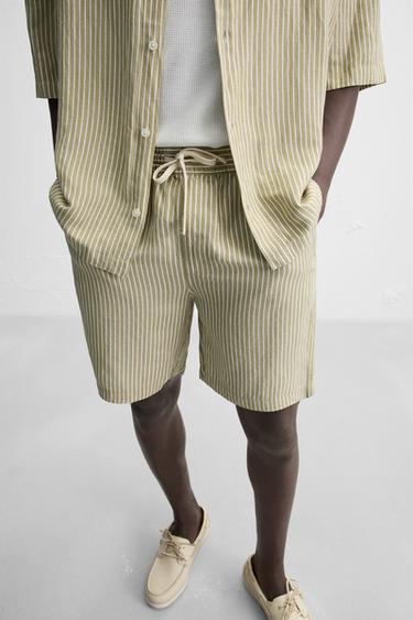 BERMUDA RAYURES LIN - VISCOSE - écru/vert kaki de Zara - Image 4