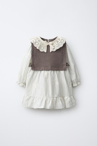STRIPED DRESS WITH COMBINED KNIT WAISTCOAT - Mid-ecru by Zara