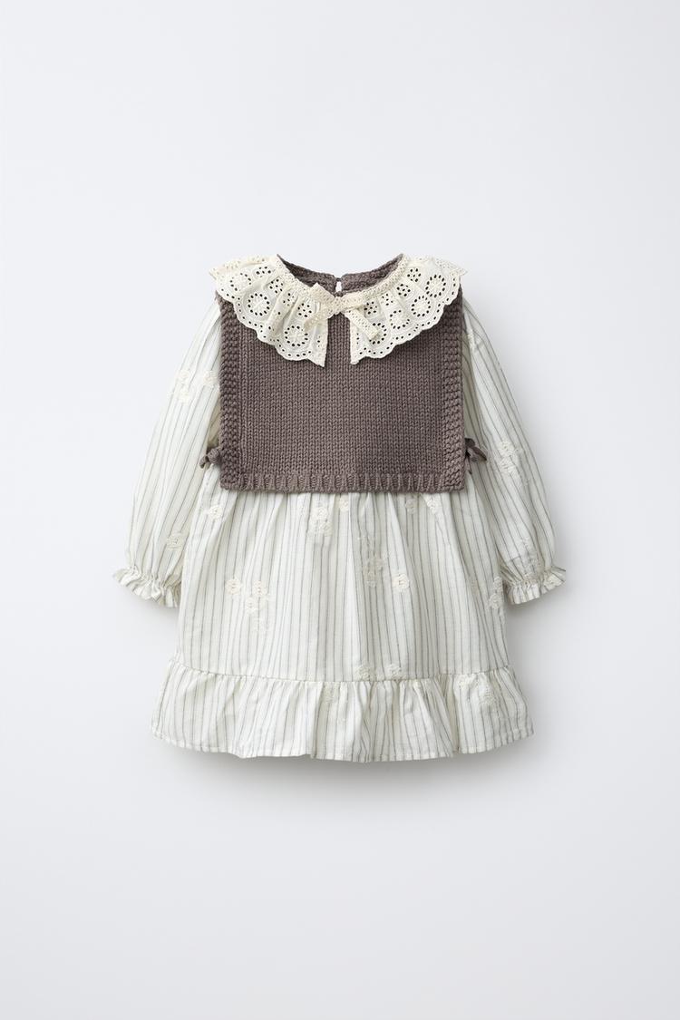 STRIPED DRESS WITH KNIT VEST — Mid-ecru