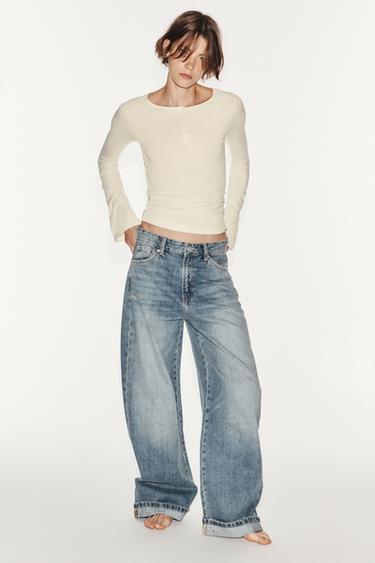 Zara TRF MID-RISE BAGGY FOLDED JEANS - Light blue
