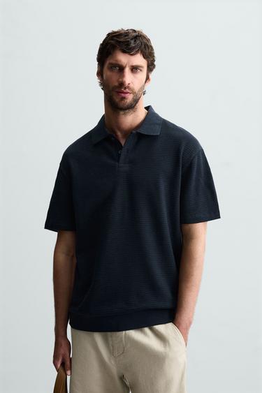 JACQUARD TEXTURED POLO SHIRT - Navy blue by Zara