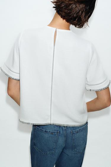 TOP À SURPIQÛRES CONTRASTANTES - Blanc cassé de Zara - Image 5