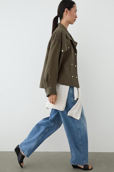 Zara 100% linen shirt with snap button detail - Mid-green