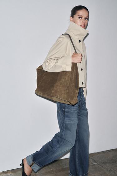 Zara FAUX SUEDE MAXI SHOPPER - Khaki Green