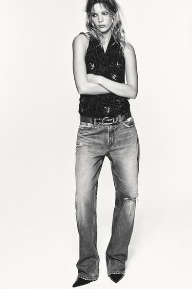 Zara EMBROIDERED BEADED HALTER TOP - Black