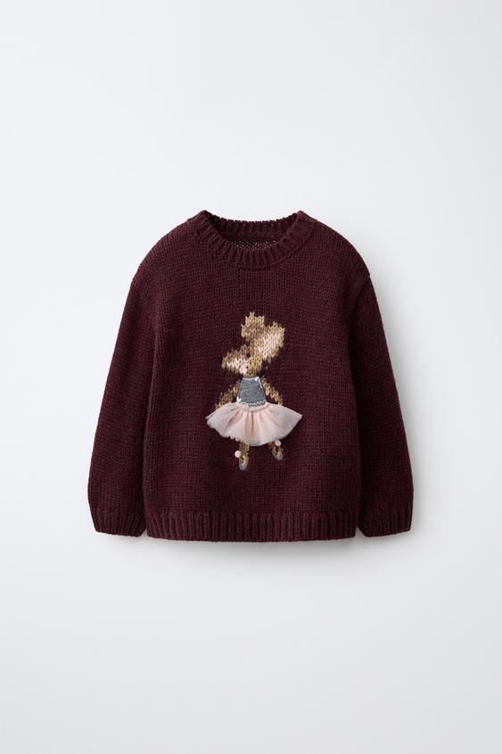 STRICKPULLOVER MIT BALLERINA-MAUS UND WOLLE - GRANATROT von Zara - Bild 0