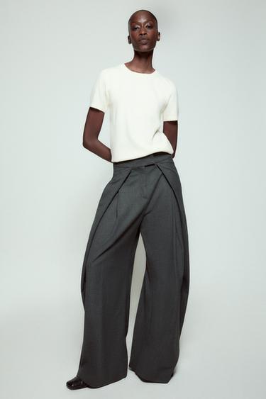 Zara ZW COLLECTION PINSTRIPE WIDE LEG PLEATED PANTS - Mid-gray