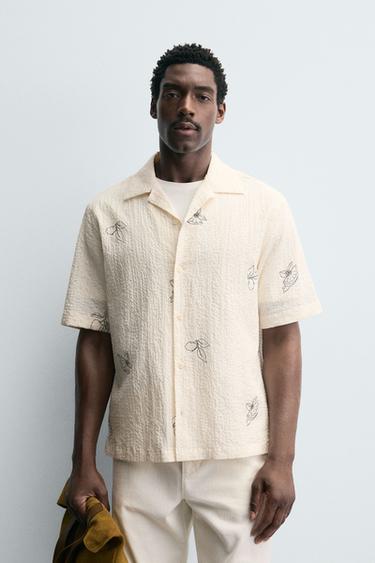 Zara PRINTED SEERSUCKER SHIRT - Oyster-white