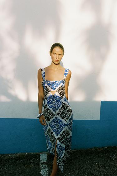 Zara PRINTED MIDI DRESS - Ecru / Blue - Image 0