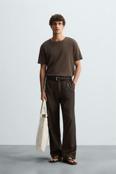 БАВОВНЯНА ФУТБОЛКА З ТЕКСТУРОЮ - Коричневий Zara - Зображення 0