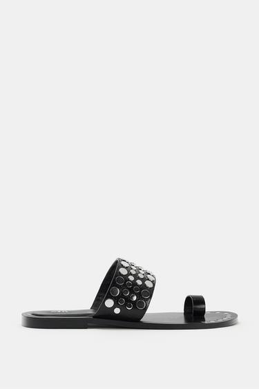 FLAT LEATHER SANDALS WITH STUDS - Black by Zara