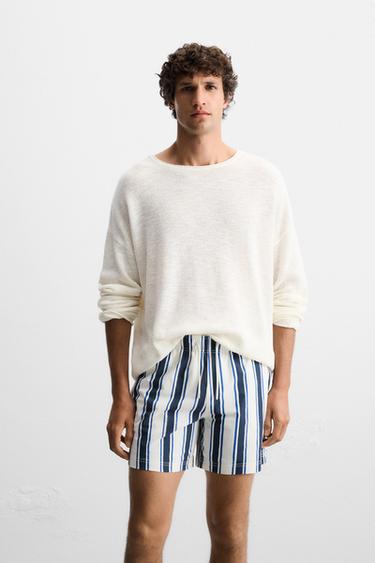 STRIPED MID-LENGTH SWIMMING TRUNKS - Ecru / Blue by Zara - Image 1