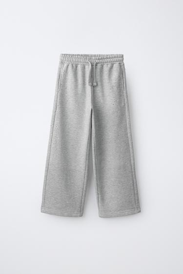 WIDE-LEG RHINESTONE PANTS — Gray marl 1