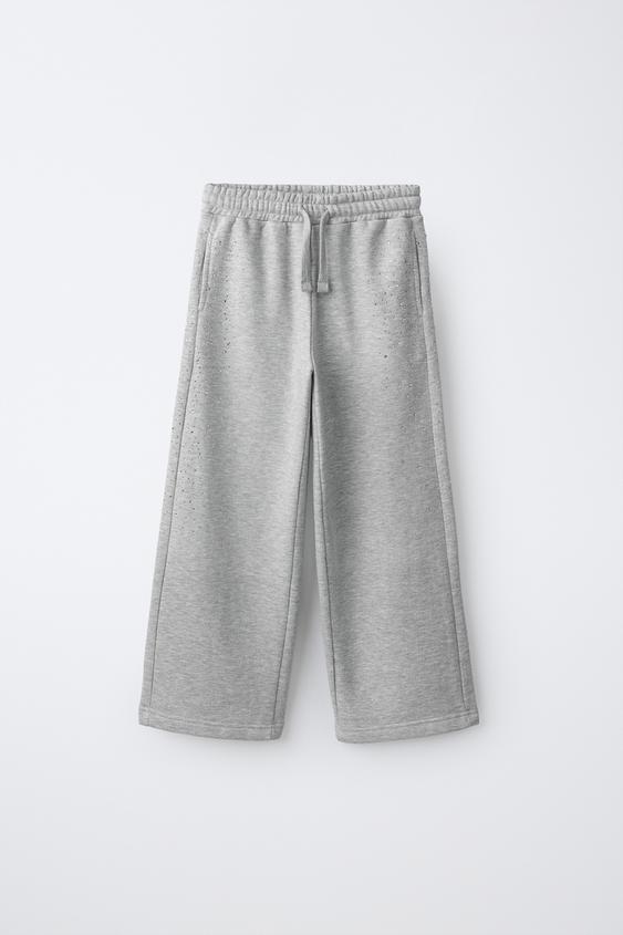 Rhinestone Appliqué Wide-Leg Trousers - Grey marl by Zara - Image 0