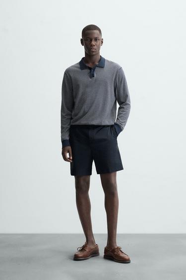 Zara REGULAR FIT PLEATED BERMUDA SHORTS - Navy blue