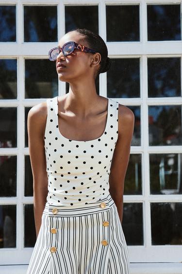 Zara WIDE STRAP POLYAMIDE TOP - Ecru / Black