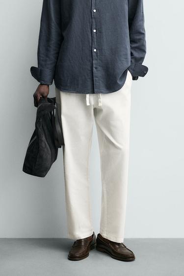 RELAXED FIT COTTON/LINEN TROUSERS - Oyster-white by Zara