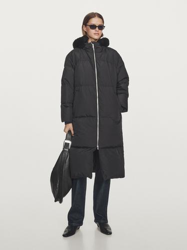 Zara Technical down jacket with faux fur hood - Black - Image 0