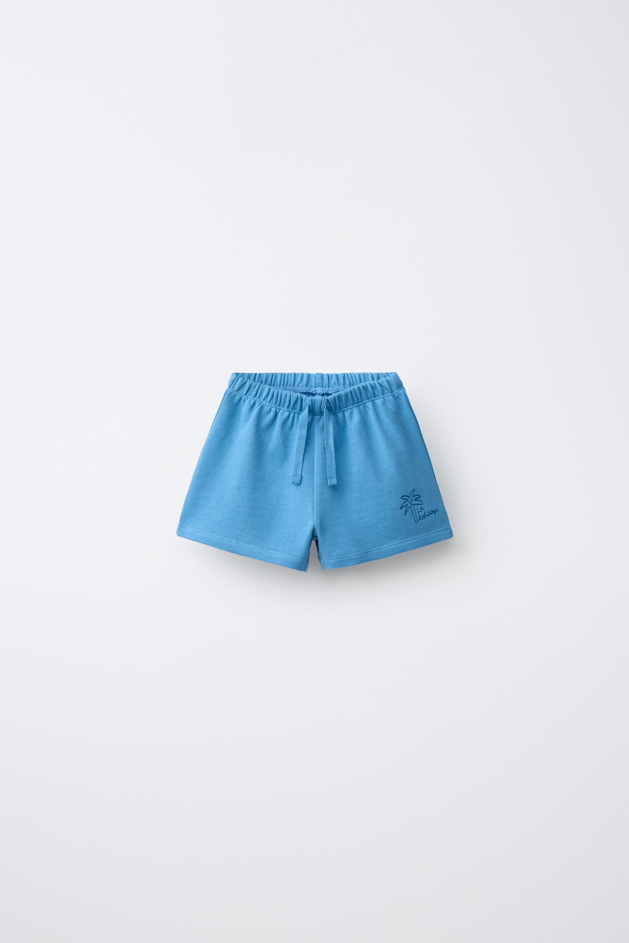 EMBROIDERED PALM TREE SHORTS — Blue