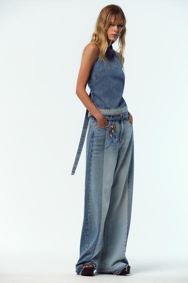 Z1975 HALTER DENIM PATCHWORK TOP - Mid-blue by Zara