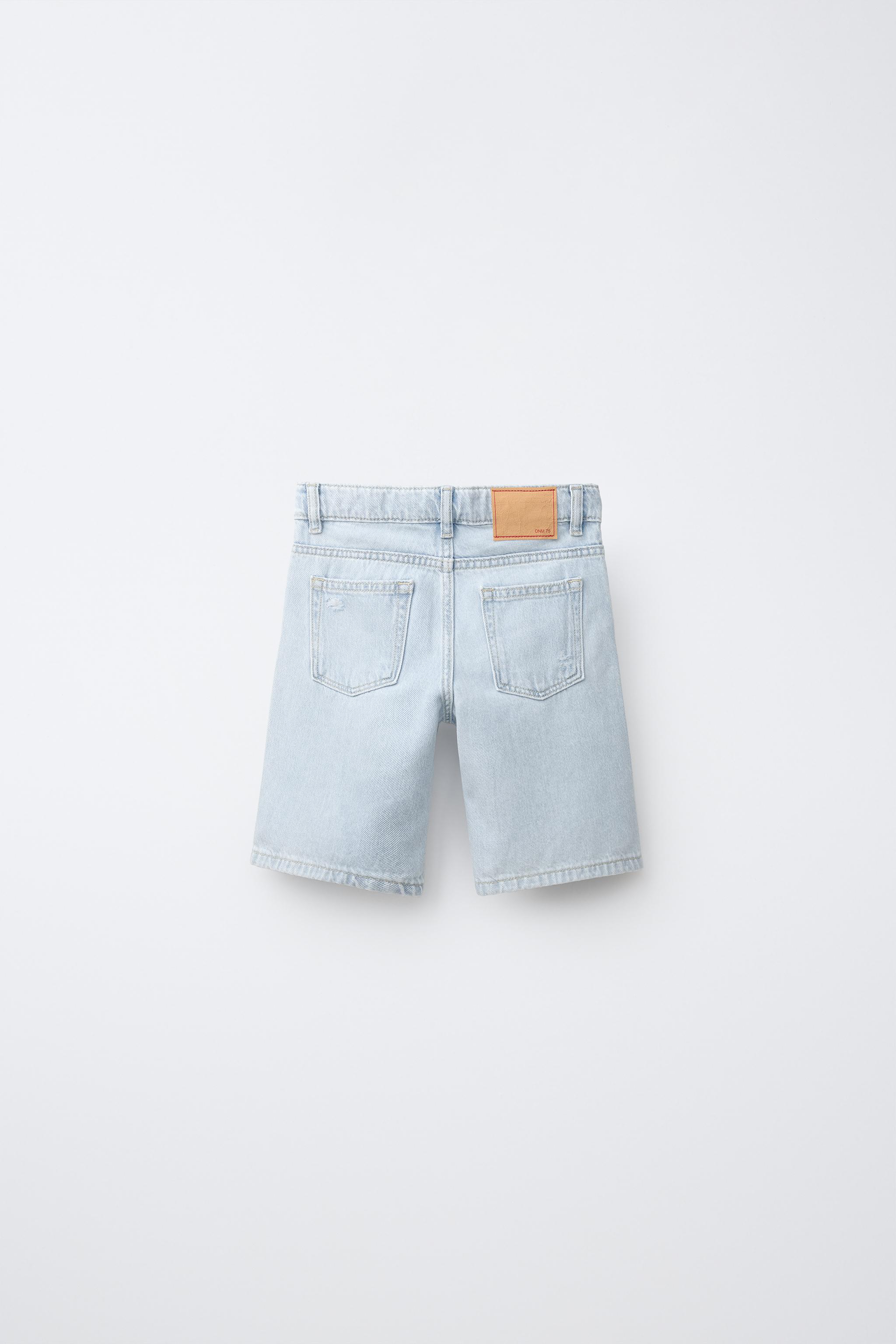 RIPPED STRAIGHT DENIM SHORTS — Light blue (alternate view)