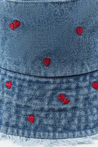 DENIM BUCKET HAT WITH EMBROIDERED HEARTS - Blue by Zara - Image 3