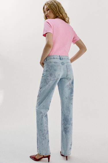 JEAN Z1975 DROIT TAILLE MI-HAUTE LONG IMPRIMÉ FLEURI - Bleu moyen de Zara - Image 6